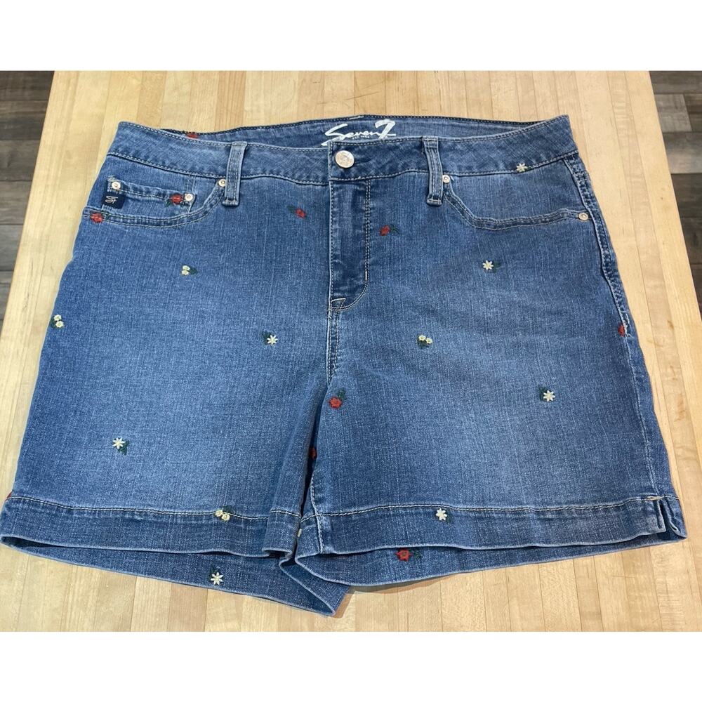 Seven 7 Denim Jean Shorts Womens Size 12 Blue The Weekend Short Embroidered Boho